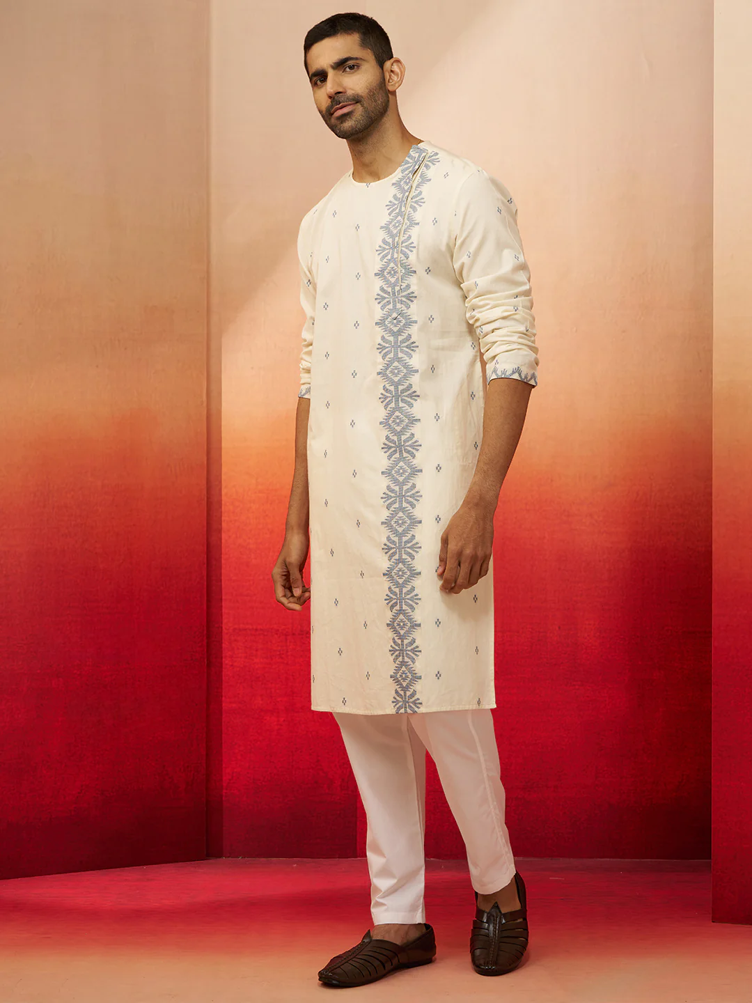 Men's White Blue Jamdani Kurta Pyjama Set - Image 4
