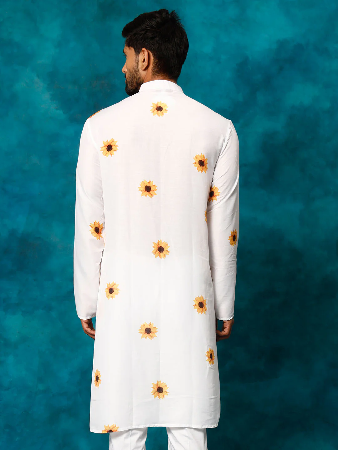 Men's White Cotton Blend Sunflower Print Kurta - Image 3