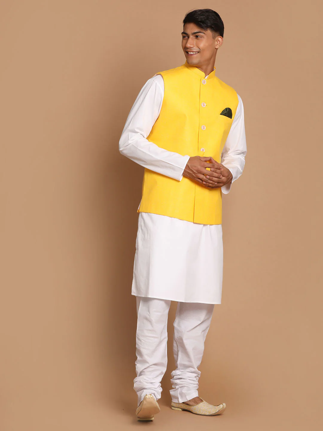 Men's White Cotton Kurta, Solid Royal Nehru Jacket And Pyjama Set - Image 2