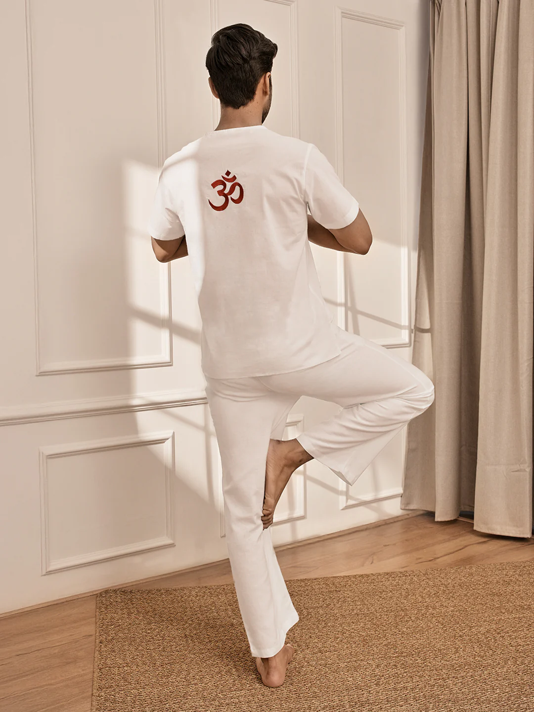 Men's White Om Embroidered Premium Yoga Kurta Palazzo Set - Image 4
