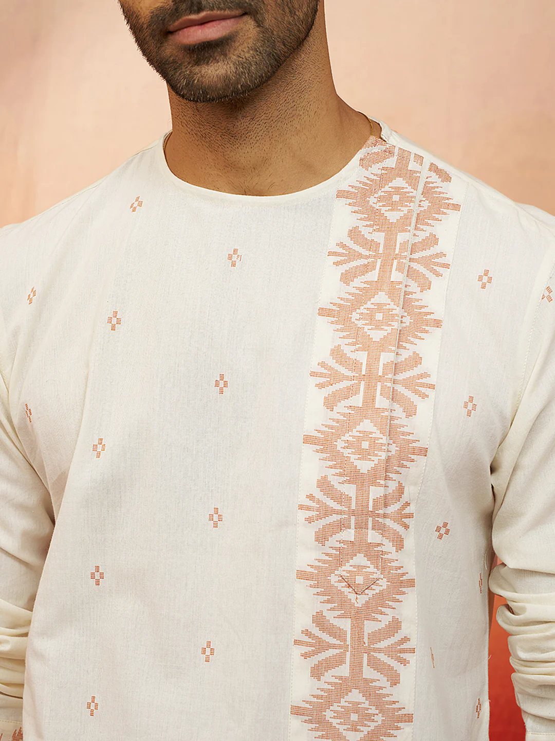 Men's White Rust Jamdani Kurta Pyjama Set - Image 2