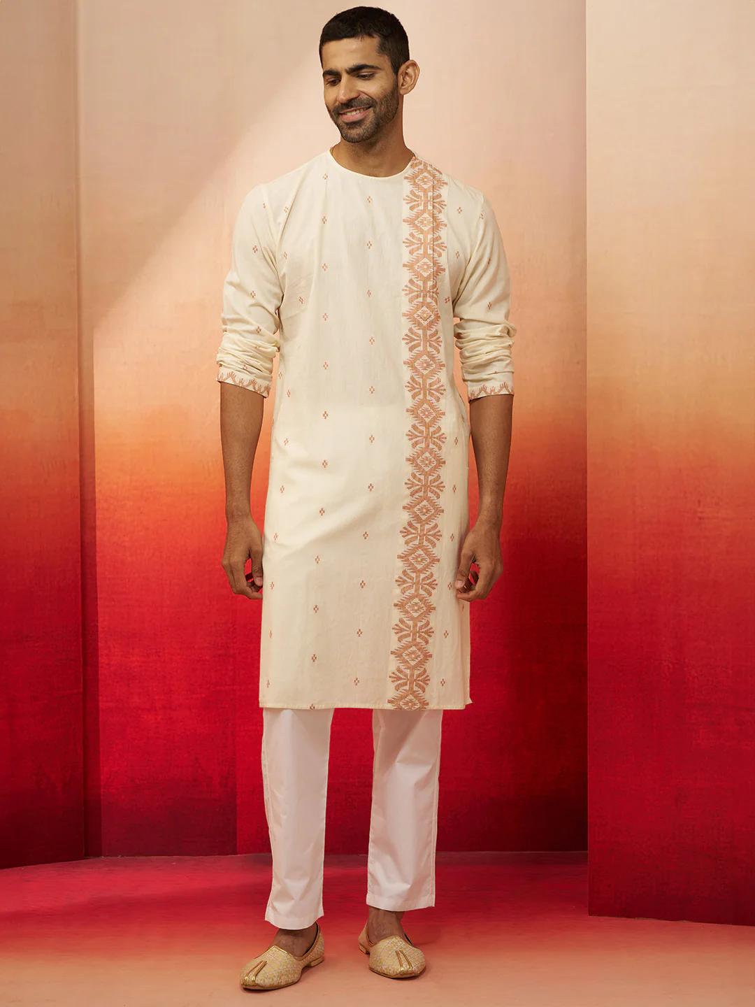 Men's White Rust Jamdani Kurta Pyjama Set - Image 3