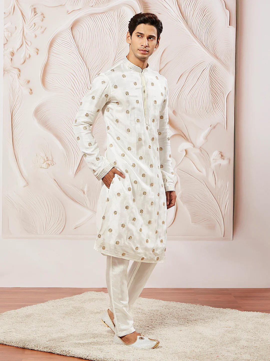 Men's White Tissue Silk Kurta Pyjama Set - Image 2