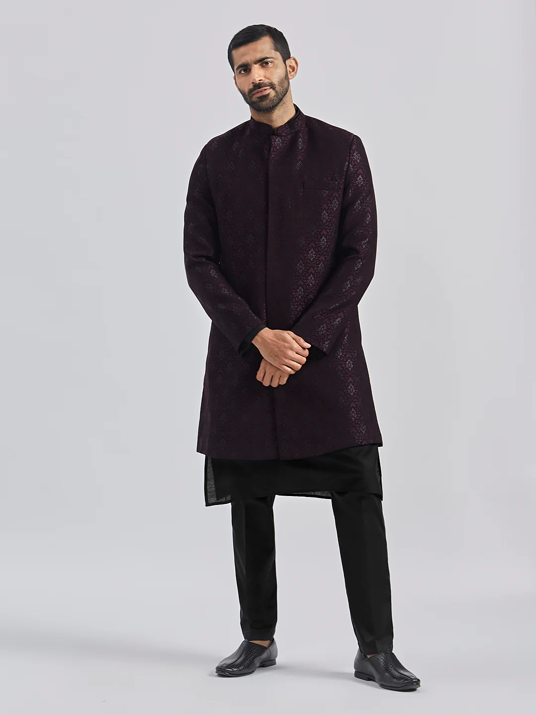 Men's Wine And Black Viscose Sherwani Set - Image 2