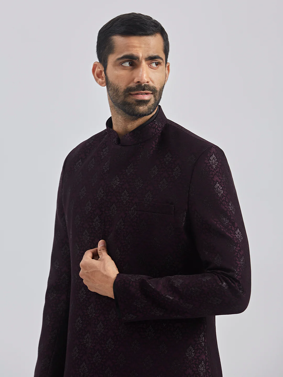 Men's Wine And Black Viscose Sherwani Set - Image 3