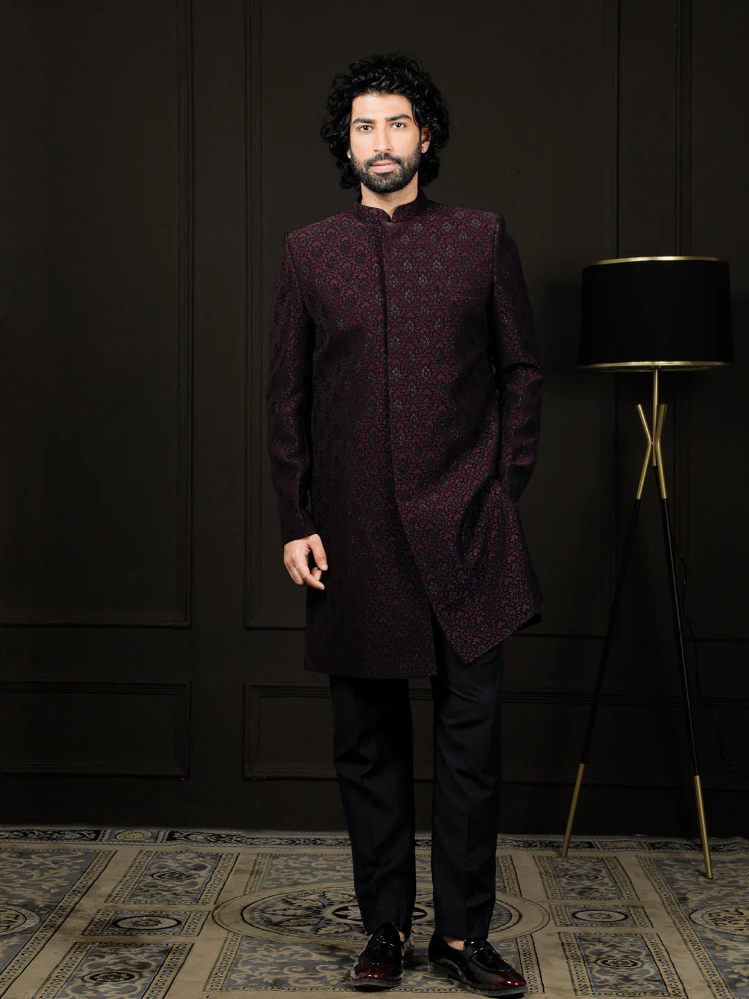 Men's Wine Silk Blend Sherwani Set - Image 6
