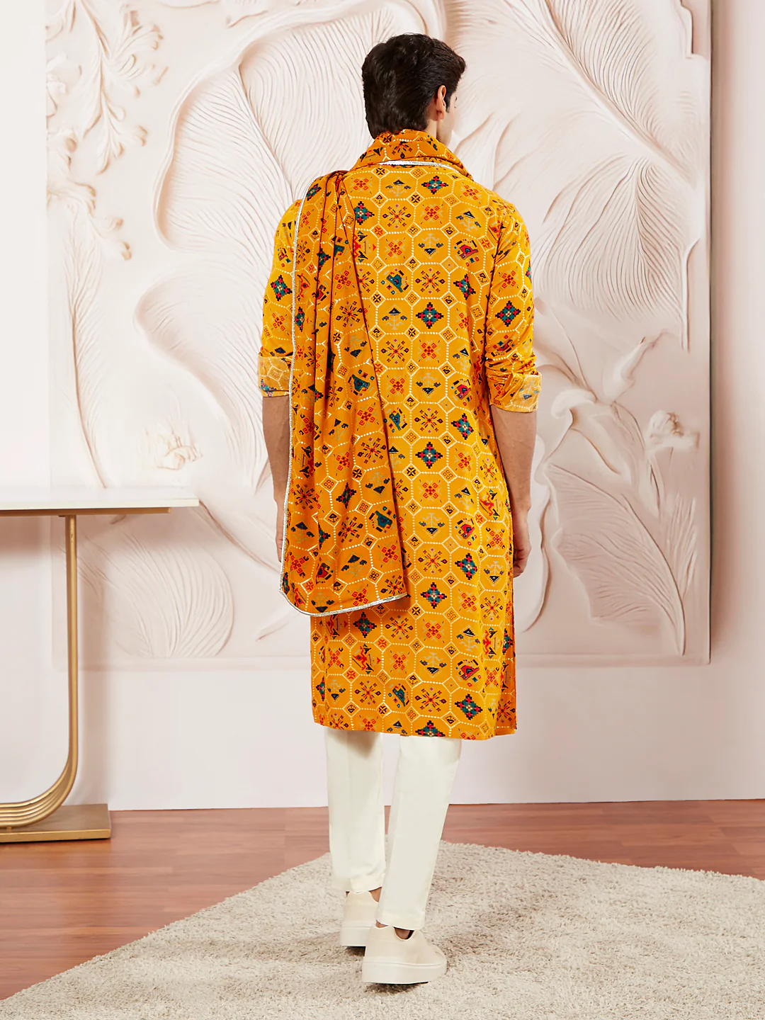 Men's Yellow And Cream Rayon Kurta Pyjama And Dupatta Set - Image 5