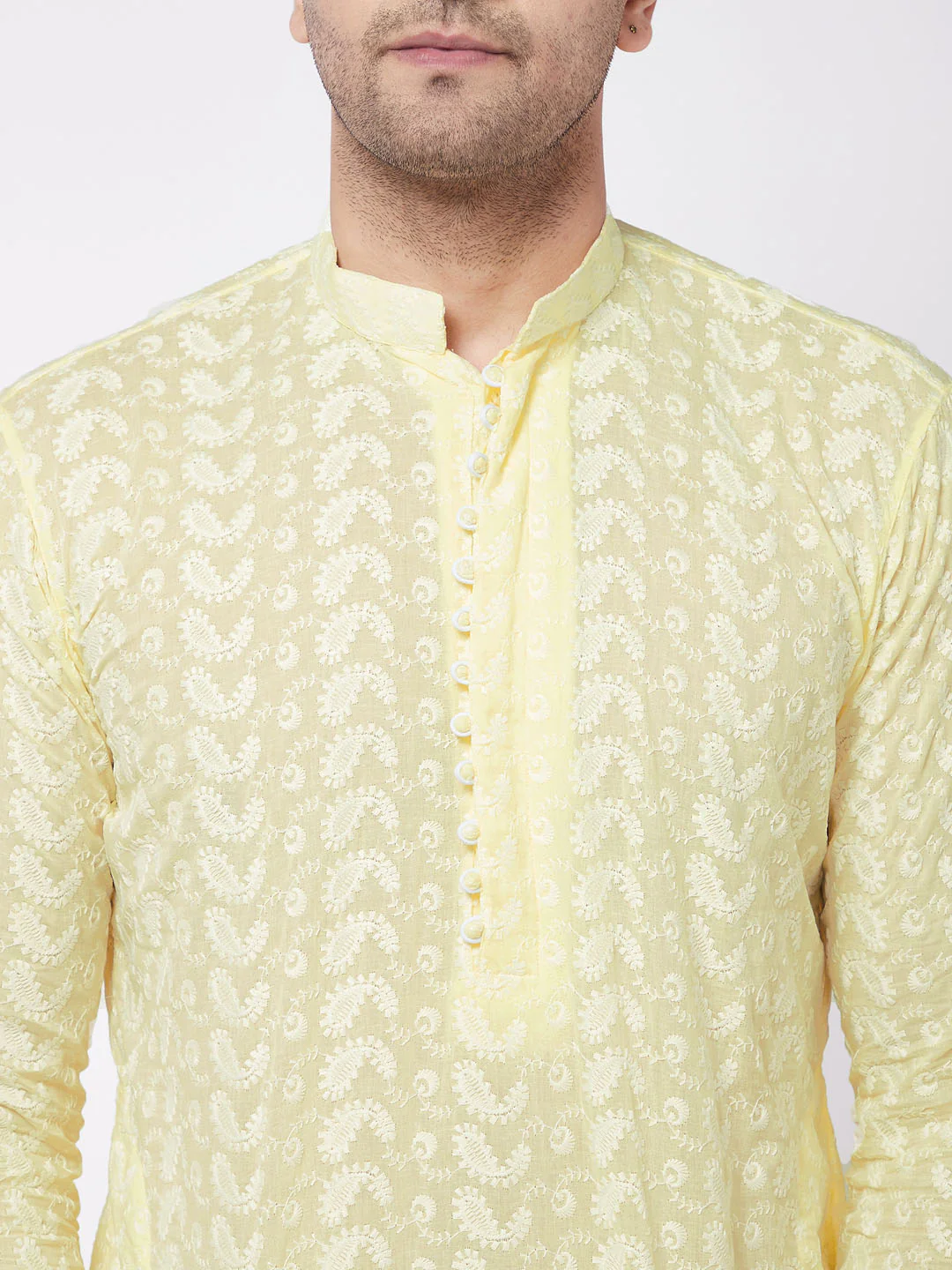 Men's Yellow Pure Cotton Chikankari Kurta With Pant Set - Image 4