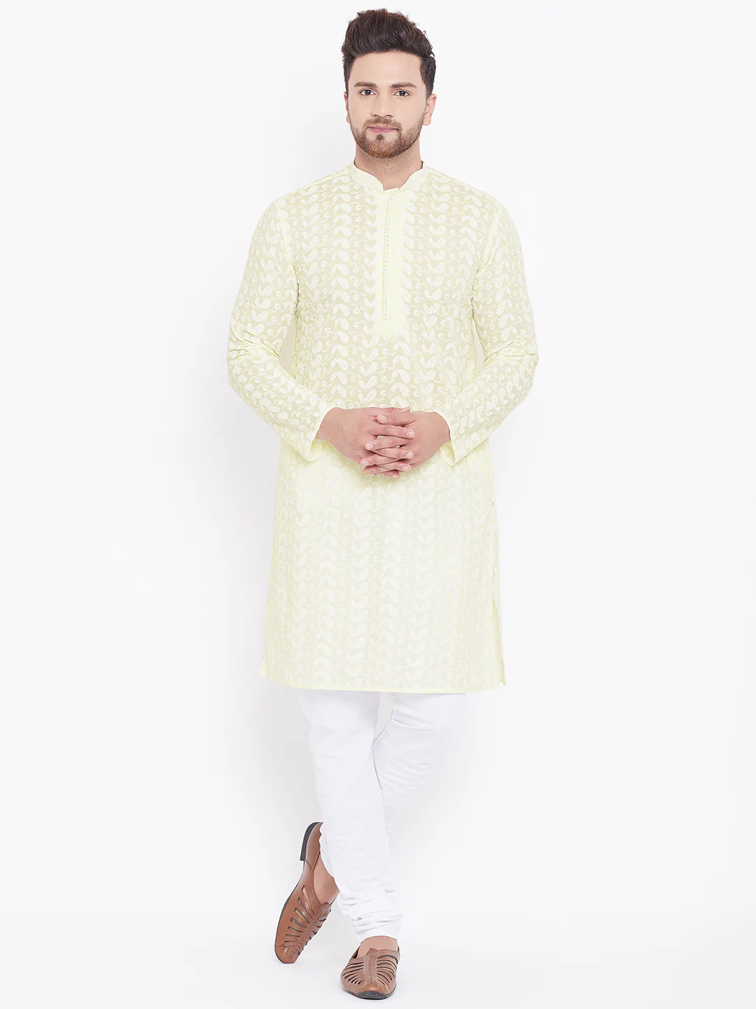 VASTRAMAY Men's Yellow Pure Cotton Chikankari Kurta Pyjama Set - Image 2