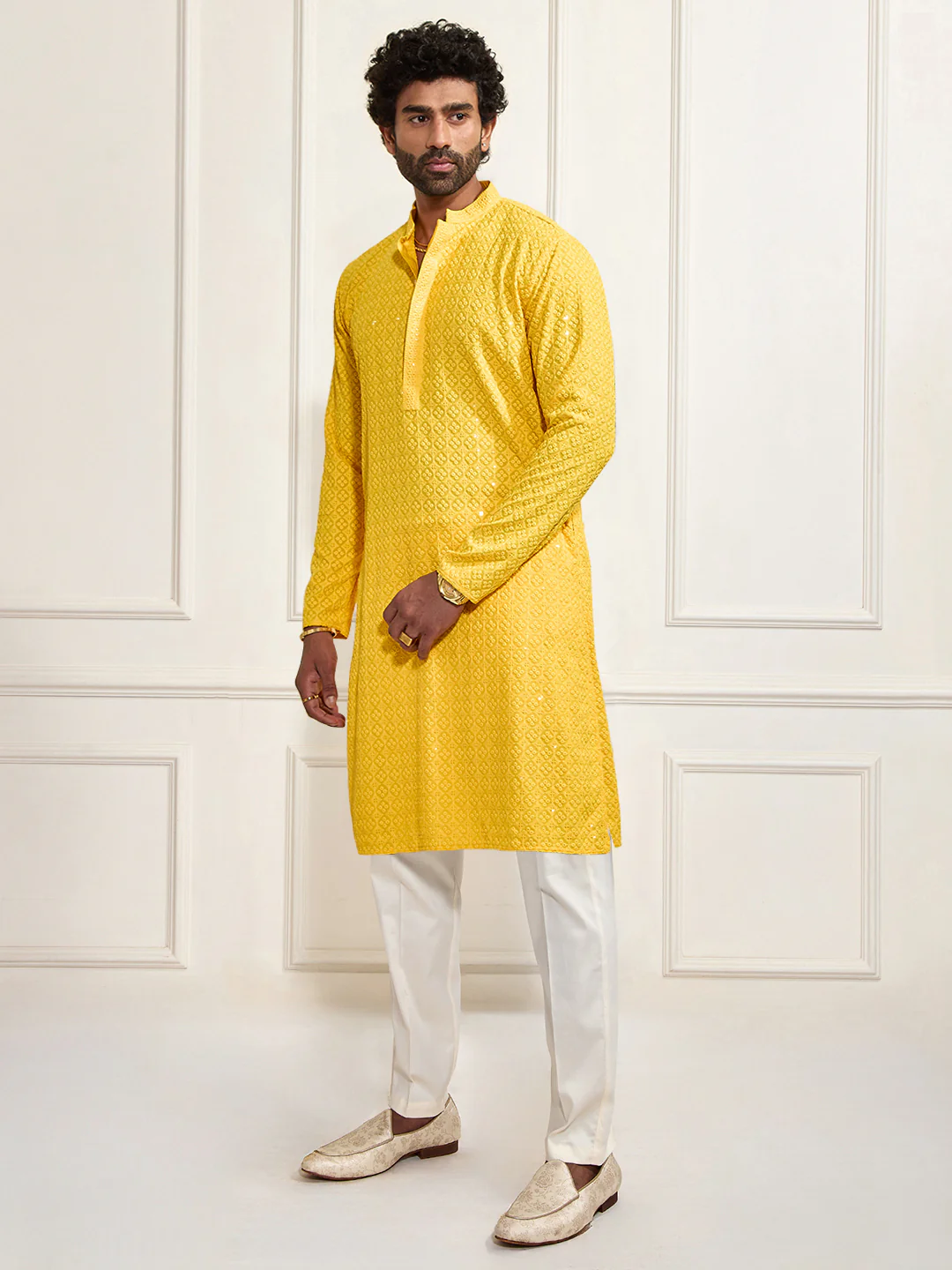 Men's Yellow And White Rayon Cotton Kurta Pyjama Set - Image 2