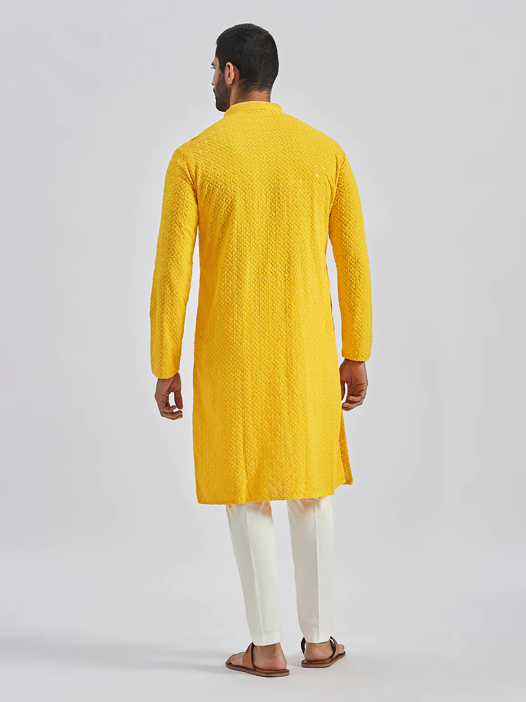 Men's Yellow And White Rayon Cotton Kurta Pyjama Set - Image 5