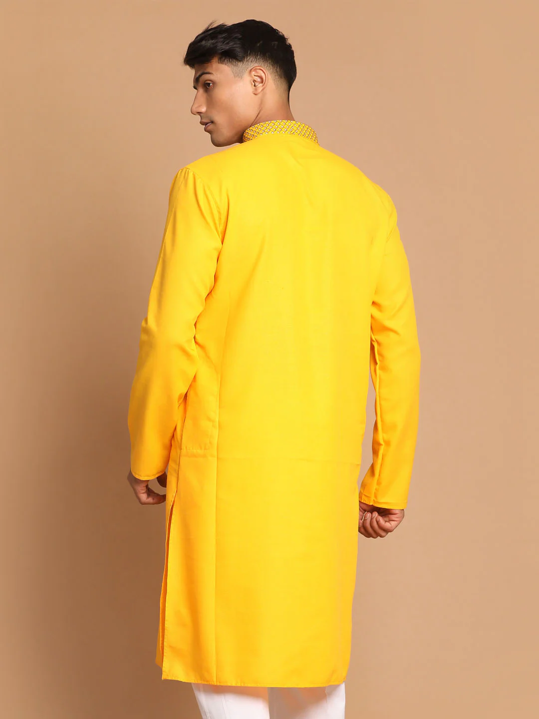 Men's Yellow Color Solid Kurta - Image 3