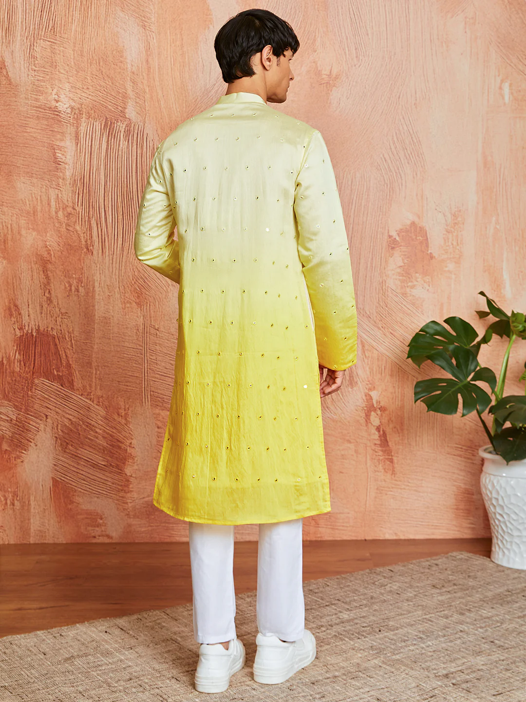 Men's Yellow Cotton Silk Kurta And Pyjama Set - Image 4