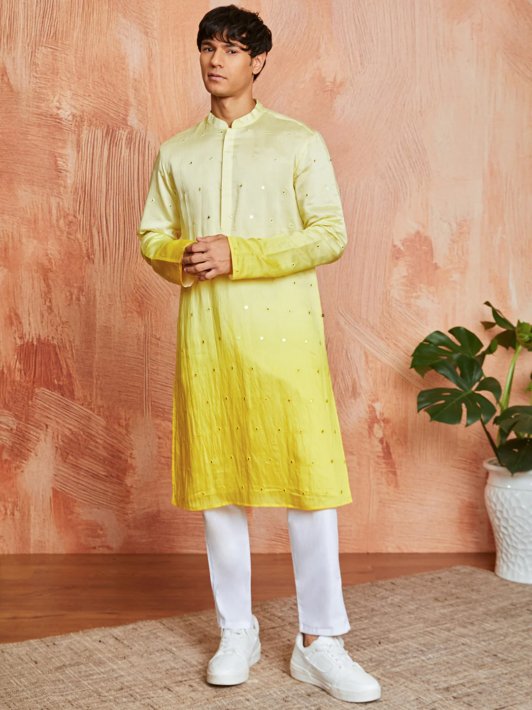 Men's Yellow Cotton Silk Kurta And Pyjama Set - Image 5