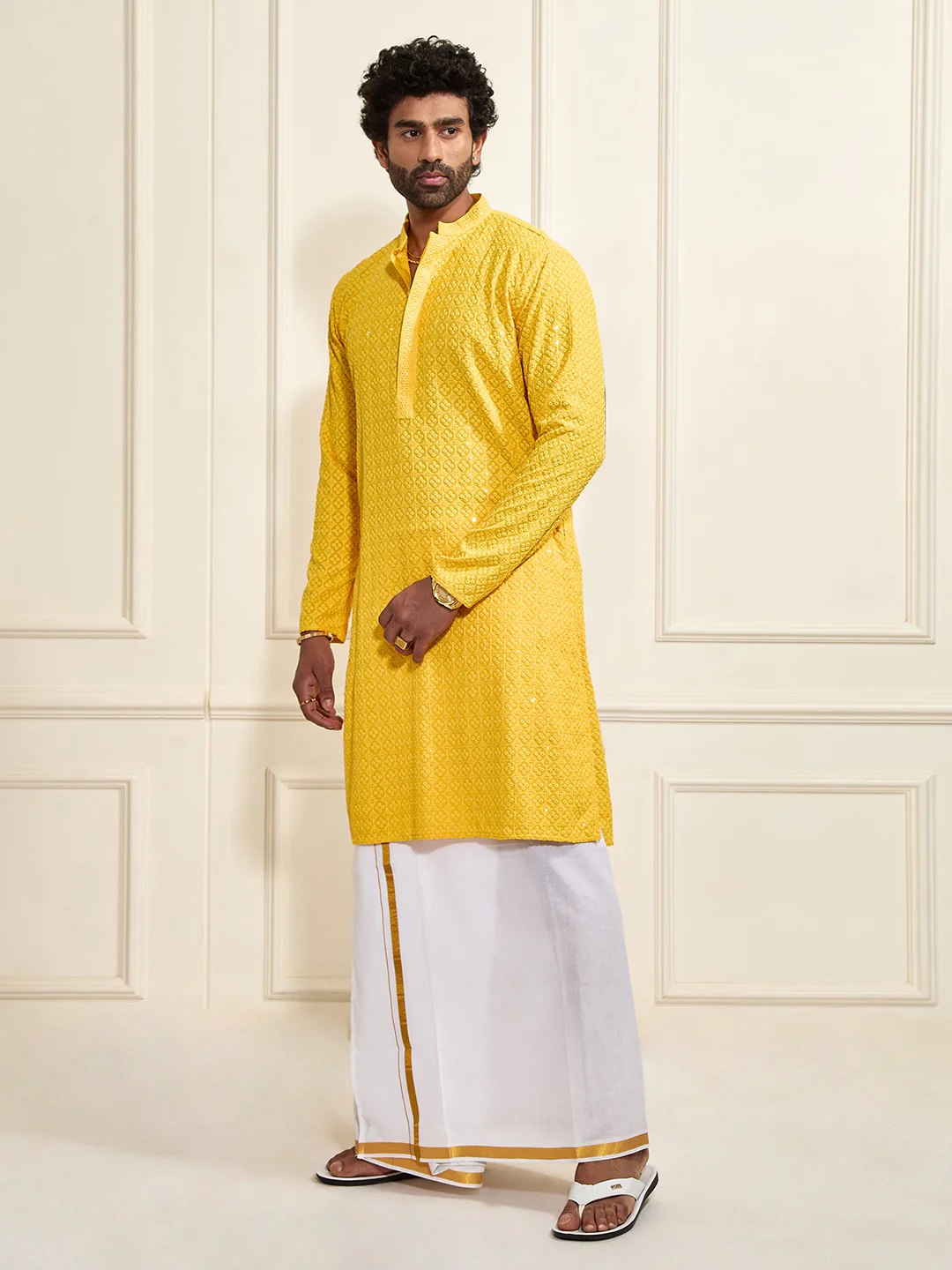 Men's Yellow Rayon Cotton Kurta And Mundu Set - Image 4