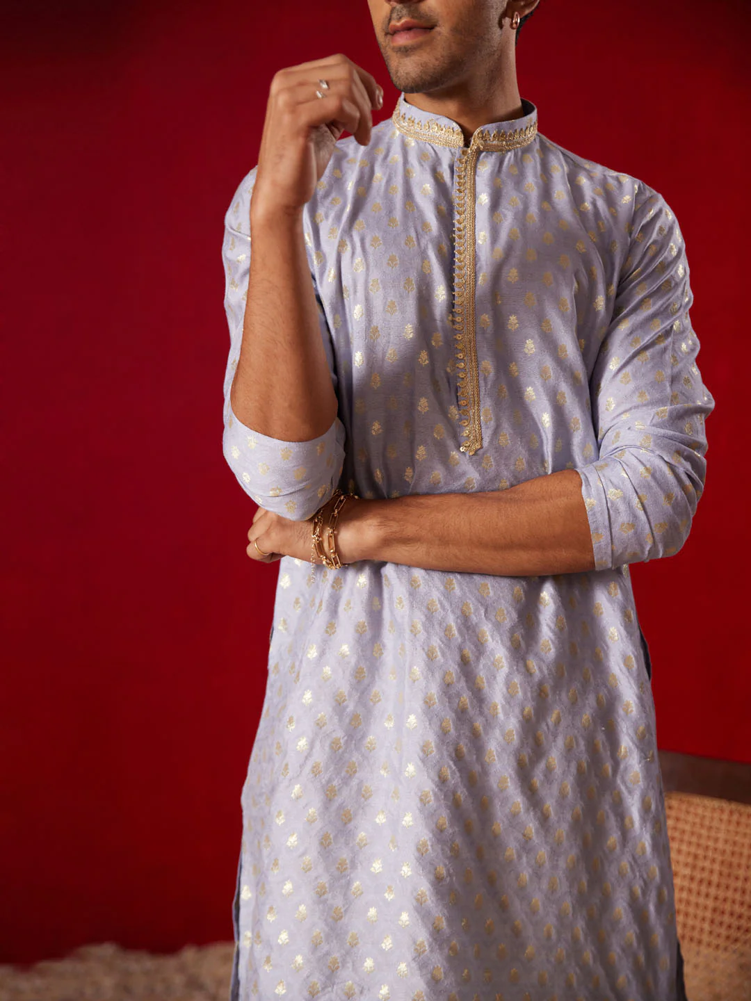 Me's Aqua Blue Silk Blend Jacquard Kurta With Pant Set - Image 4
