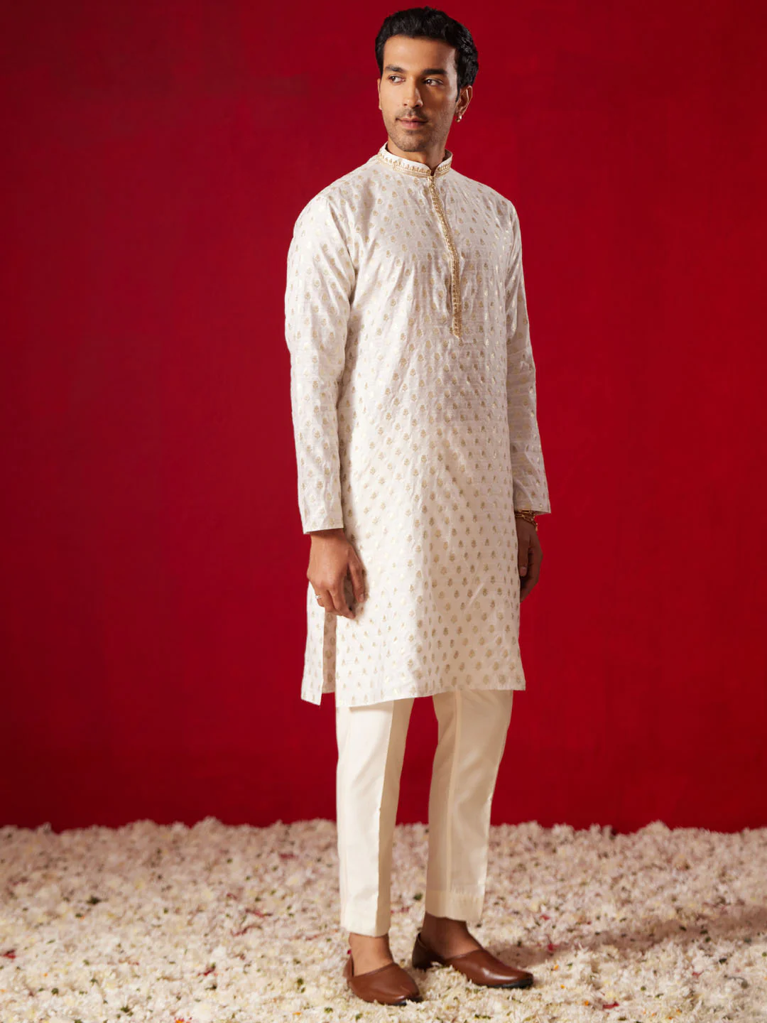 Me's Cream Silk Blend Jacquard Kurta With Pant Set - Image 7