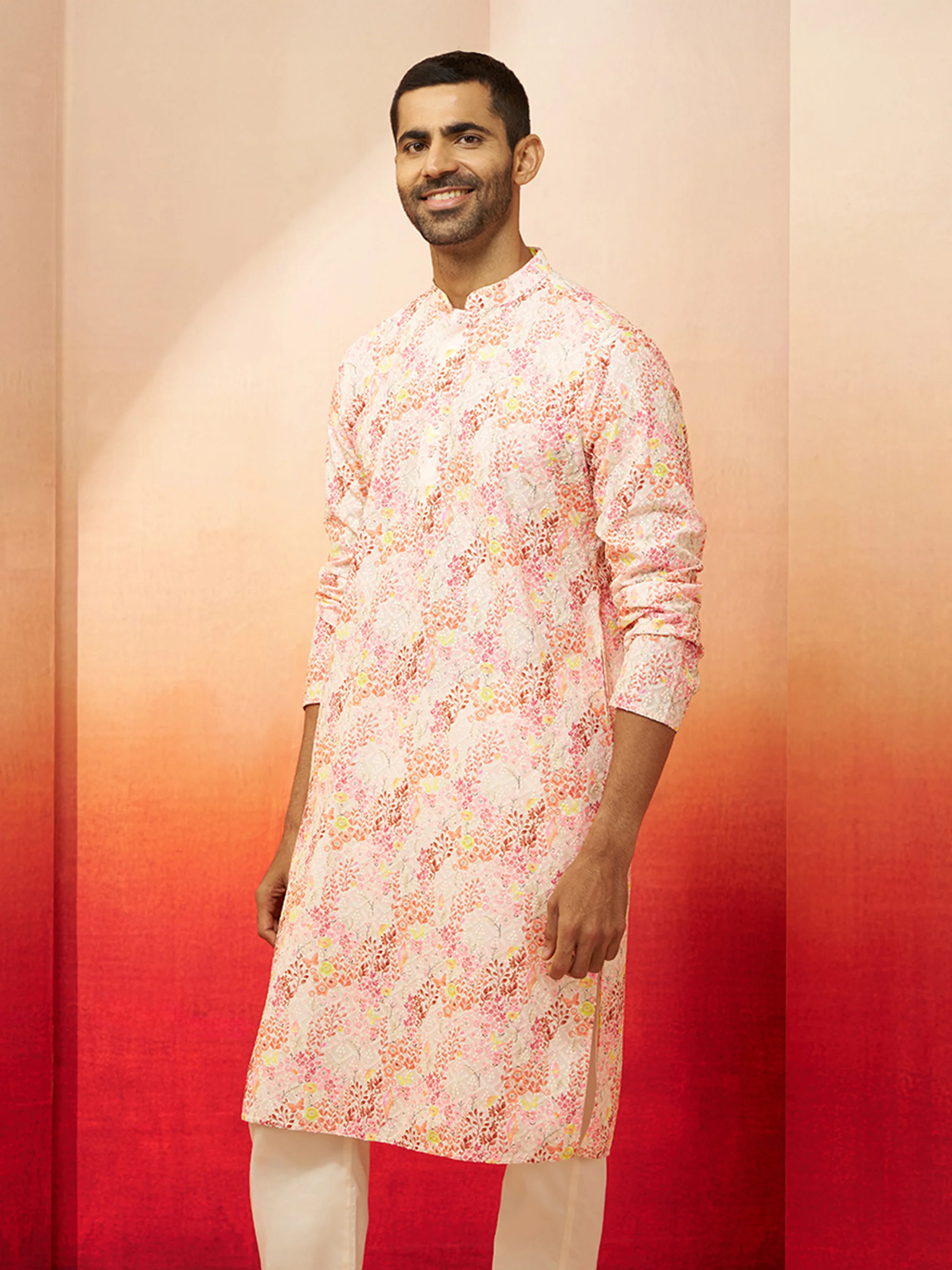 Men Multi Color Cotton Floral Sequin Kurta - Image 4