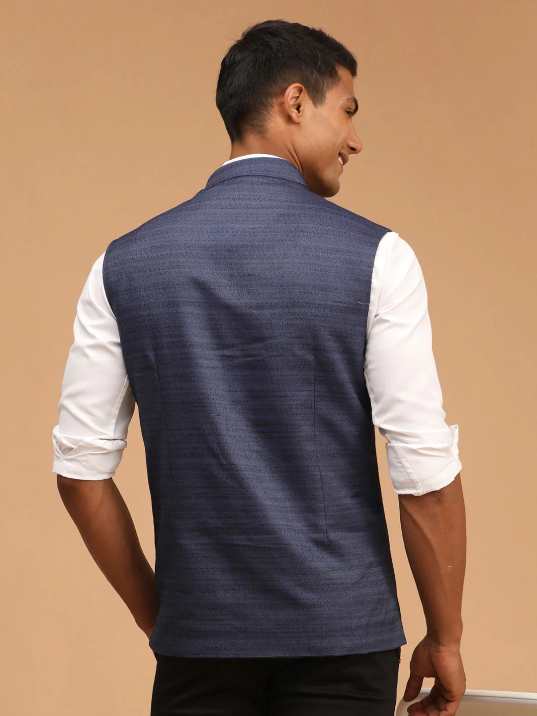 Navy Blue Cotton Blend Solid Nehru Jacket - Image 4
