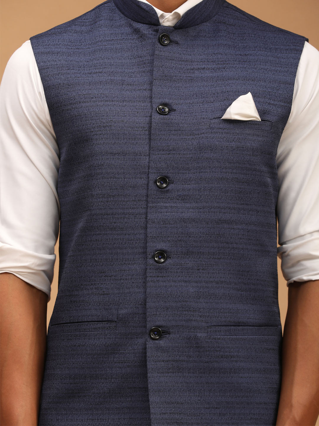 Navy Blue Cotton Blend Solid Nehru Jacket - Image 5