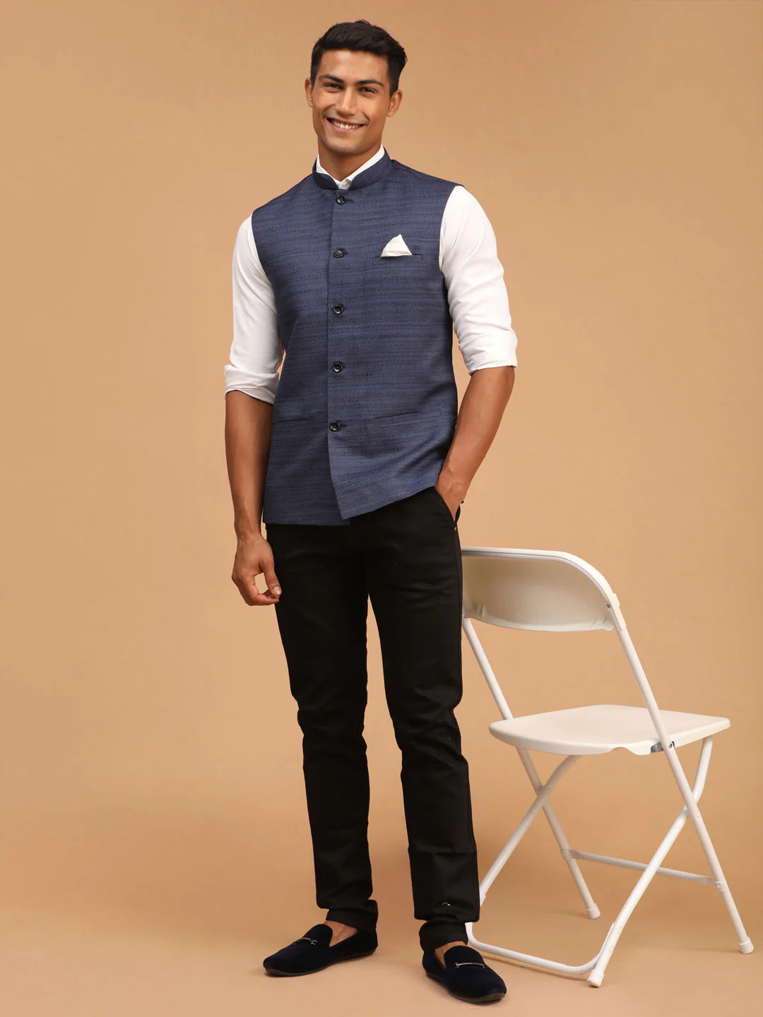Navy Blue Cotton Blend Solid Nehru Jacket - Image 6