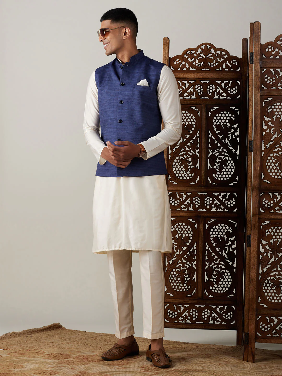 Navy Blue Cotton Blend Solid Nehru Jacket With Cream Kurta And Pant Set - Image 2