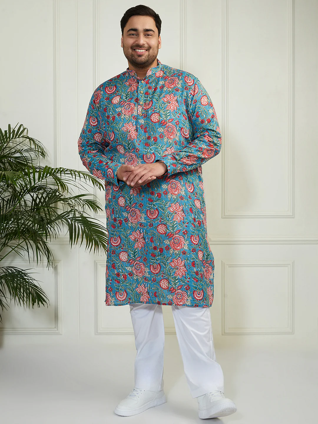 Plus Men's Aqua And White Cotton Kurta Pyjama Set - Image 5