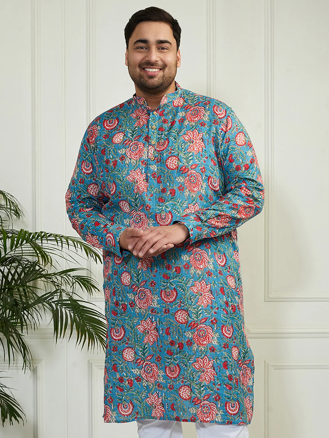 Plus Men's Aqua Cotton Kurta - Image 2