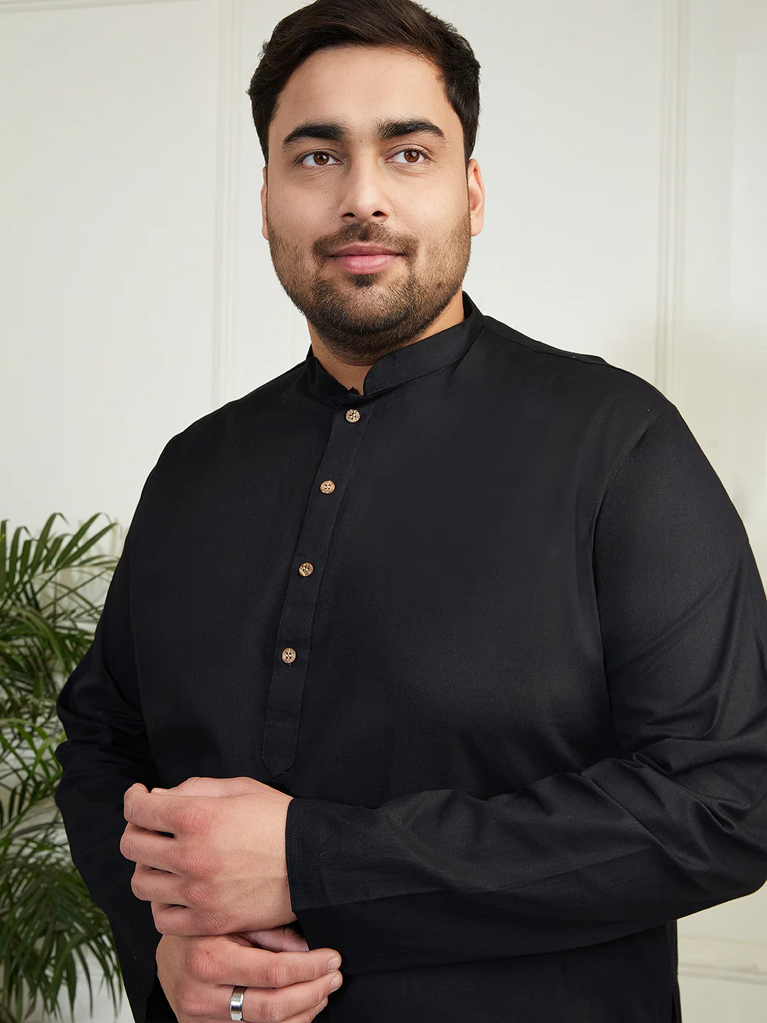 Plus Men's Black Cotton Linen Kurta - Image 2