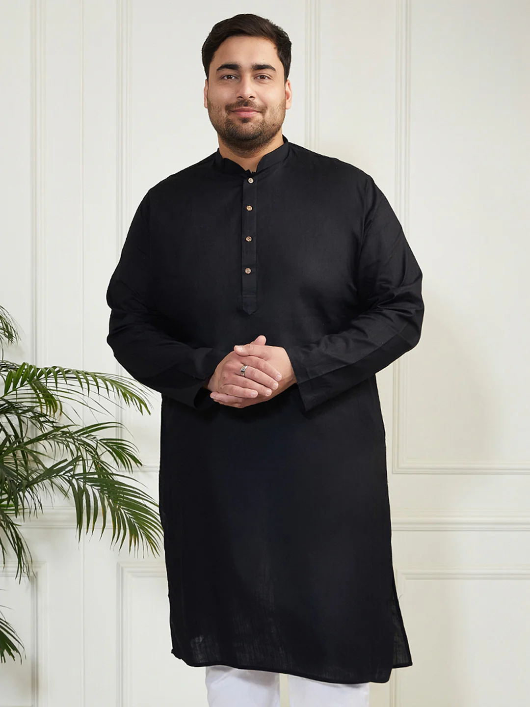 Plus Men's Black Cotton Linen Kurta - Image 5