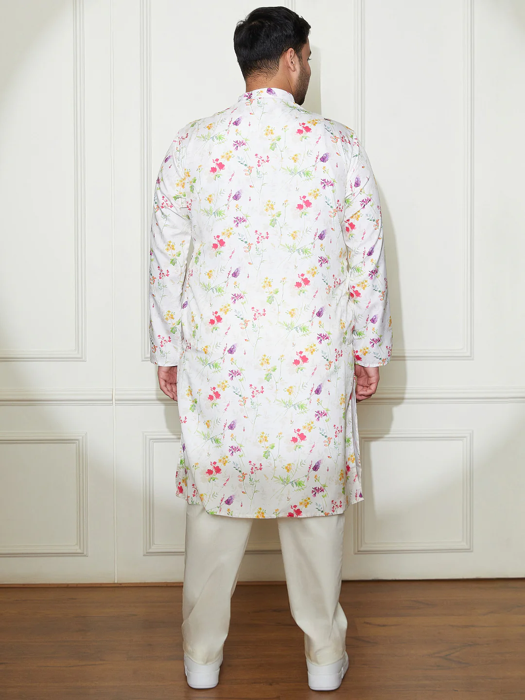 Plus Men's Cream Cotton Blend Kurta And Pyjama Set - Image 4