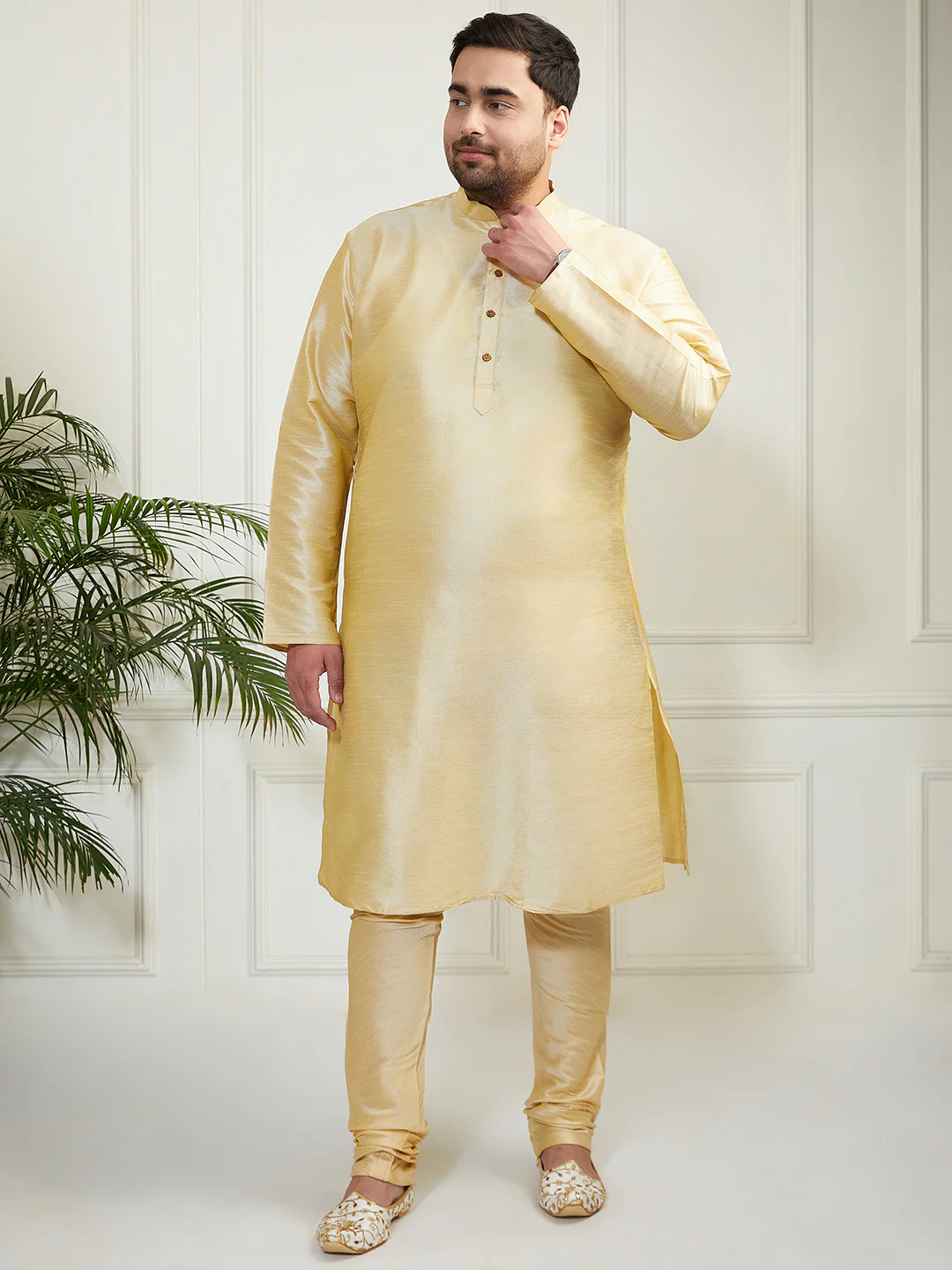 Plus Men's Gold Silk Blend Kurta, Pyjama