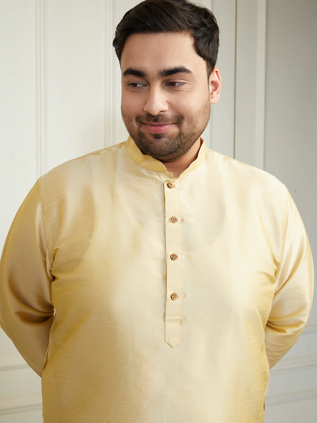 Plus Men's Gold Silk Blend Kurta, Pyjama - Image 2