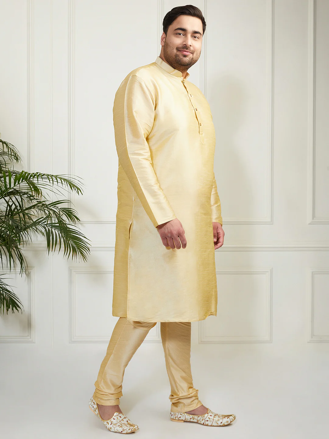 Plus Men's Gold Silk Blend Kurta, Pyjama - Image 5