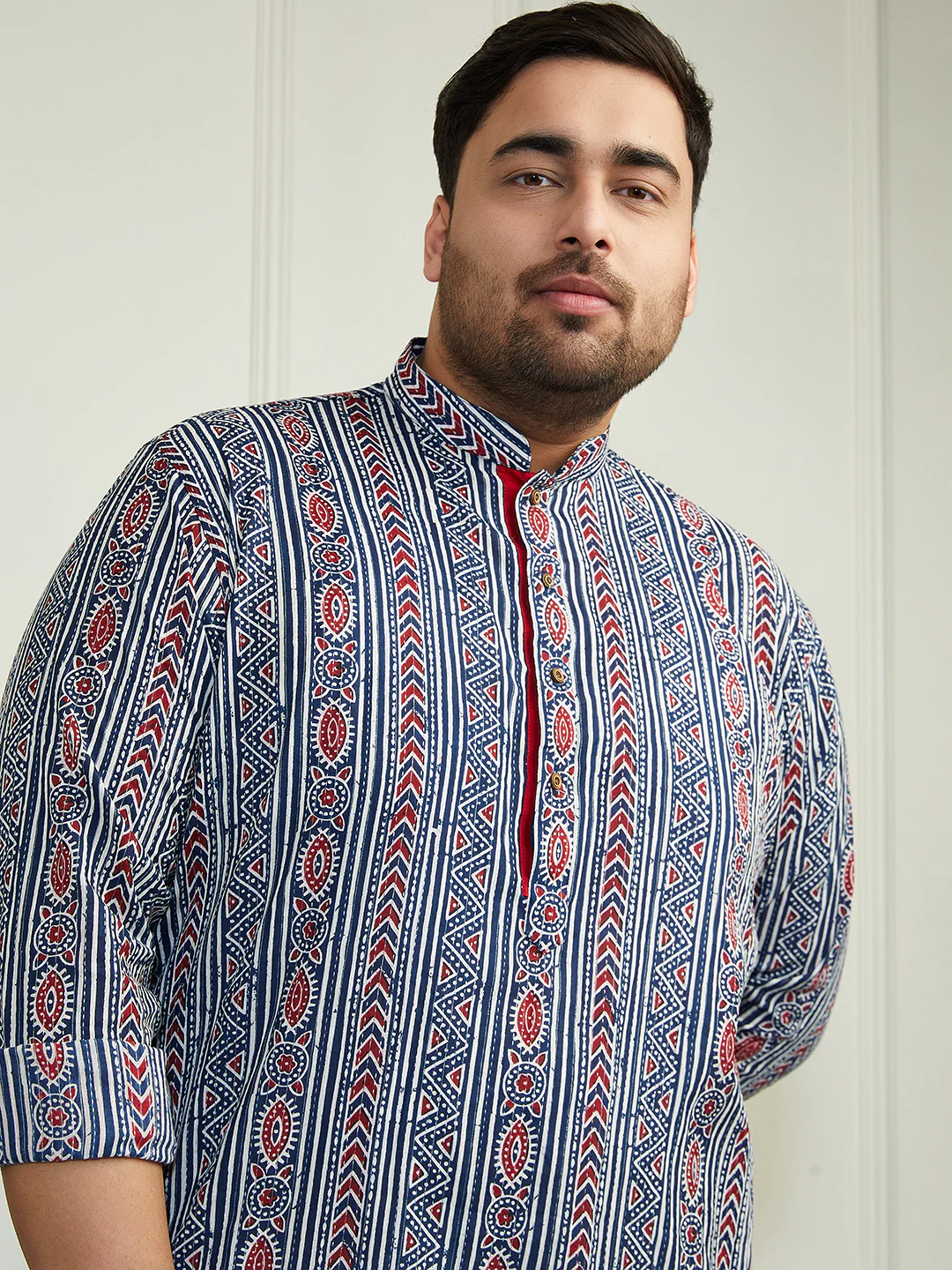 Plus Men's Indigo Blue White Cotton Kurta Pyjama Set - Image 2