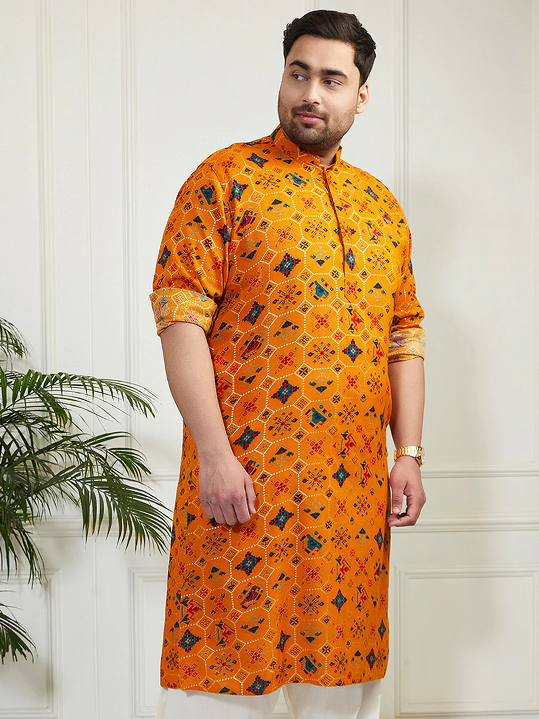 Men's Plus Yellow Cotton Blend Kurta - Image 4