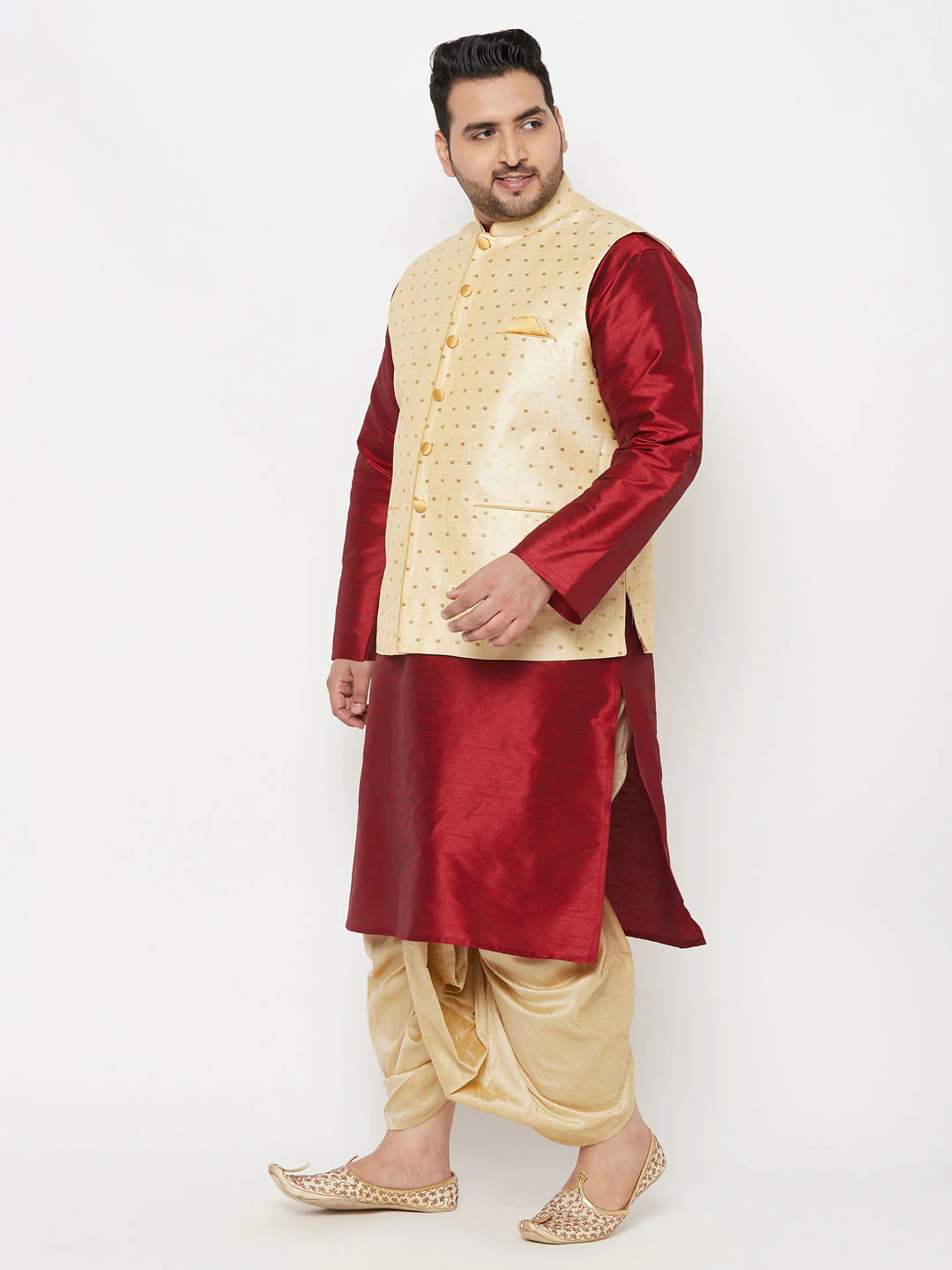 Plus Men's Gold Zari Weaved Nehru Jacket With Kurta Dhoti Set - Image 2