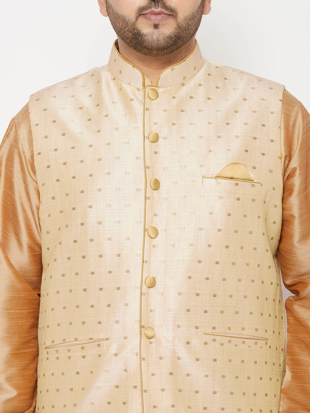 Plus Men's Gold Zari Weaved Nehru Jacket With Kurta Dhoti Set - Image 4