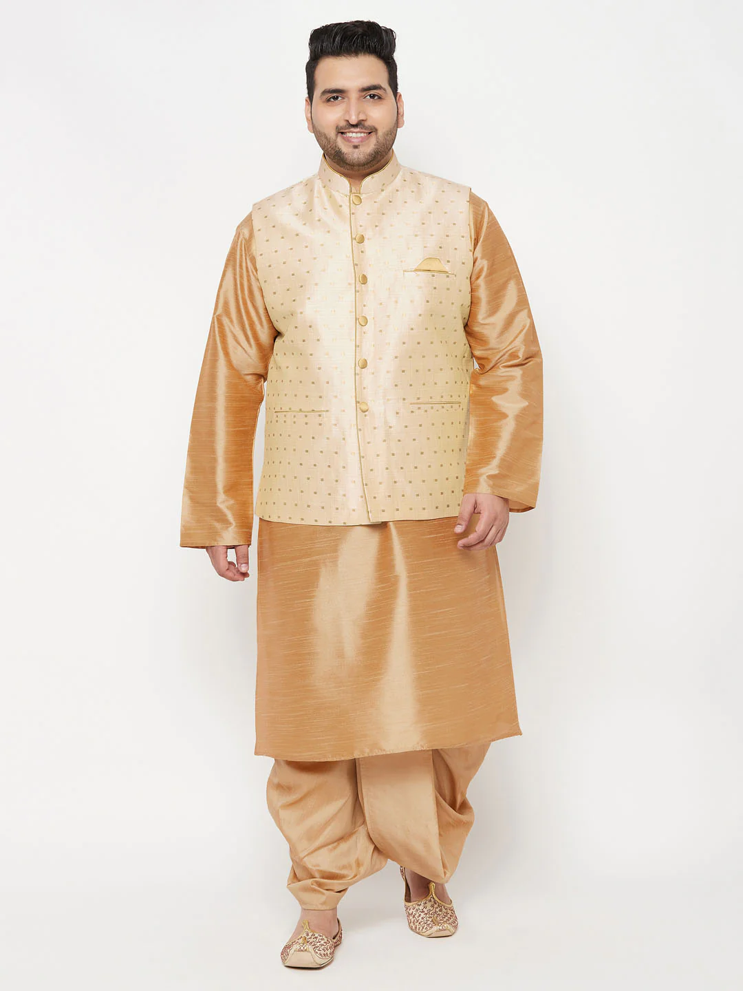 Plus Men's Gold Zari Weaved Nehru Jacket With Kurta Dhoti Set - Image 7