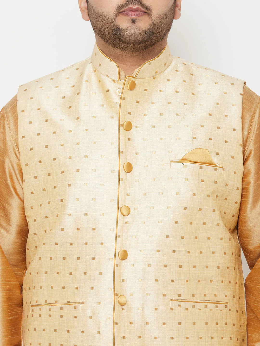 Plus Men's Gold Zari Weaved Nehru Jacket With Kurta Dhoti Set - Image 4