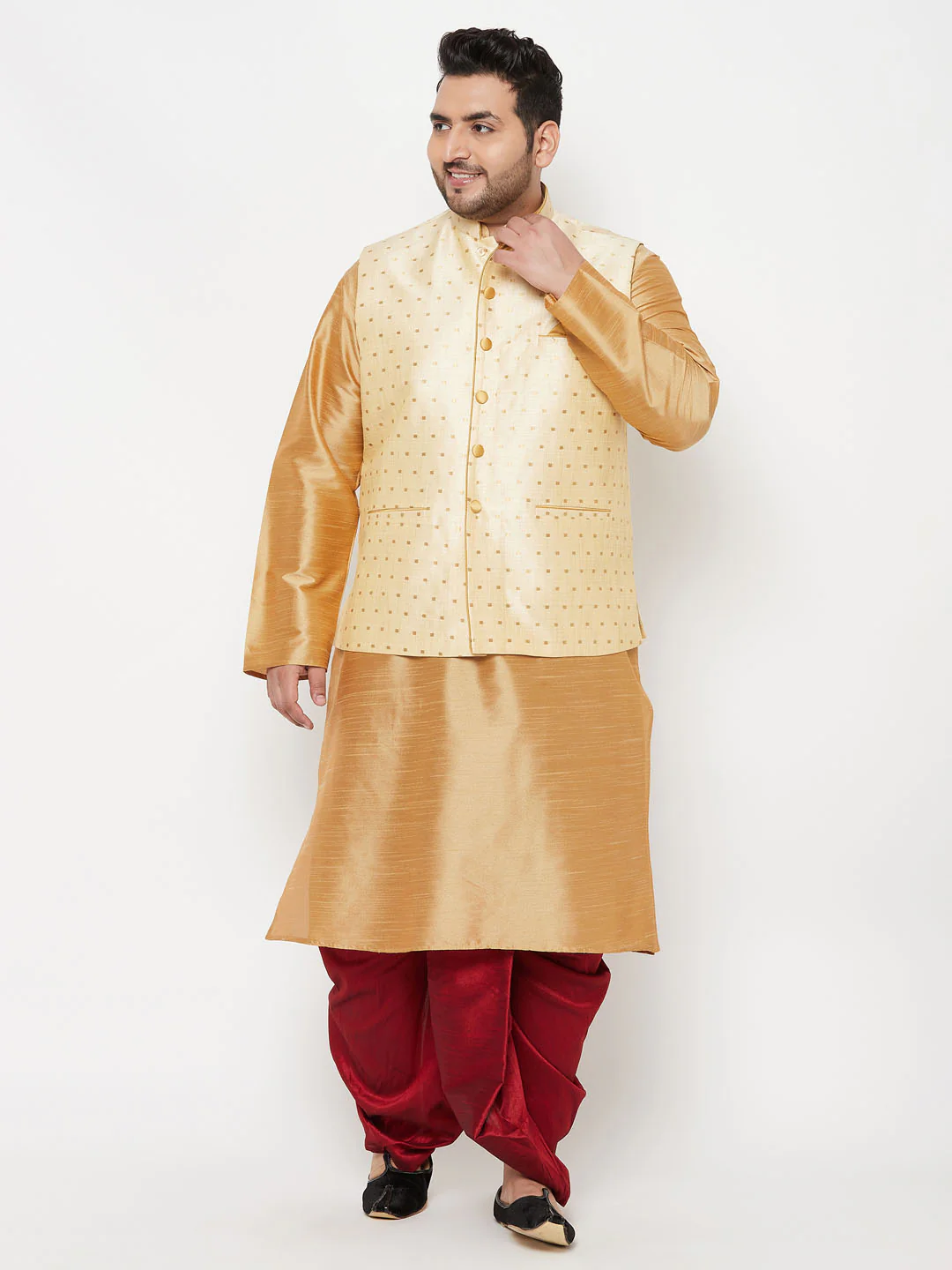 Plus Men's Gold Zari Weaved Nehru Jacket With Kurta Dhoti Set - Image 7
