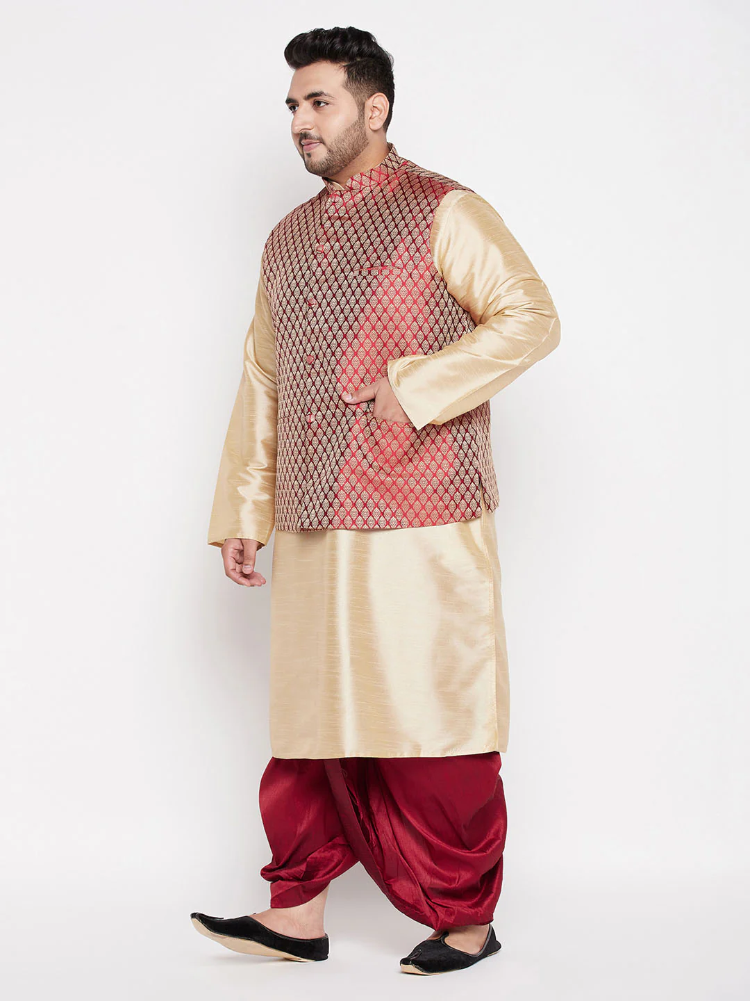Plus Men's Maroon Nehru Jacket With Gold Kurta And Maroon Dhoti Set - Image 2