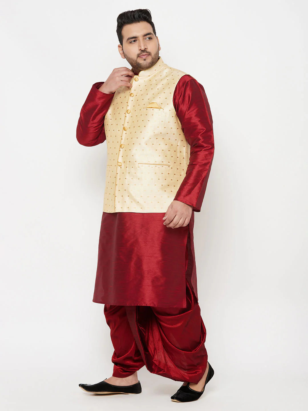 Plus Men's Gold Zari Weaved Nehru Jacket With Kurta Dhoti Set - Image 2
