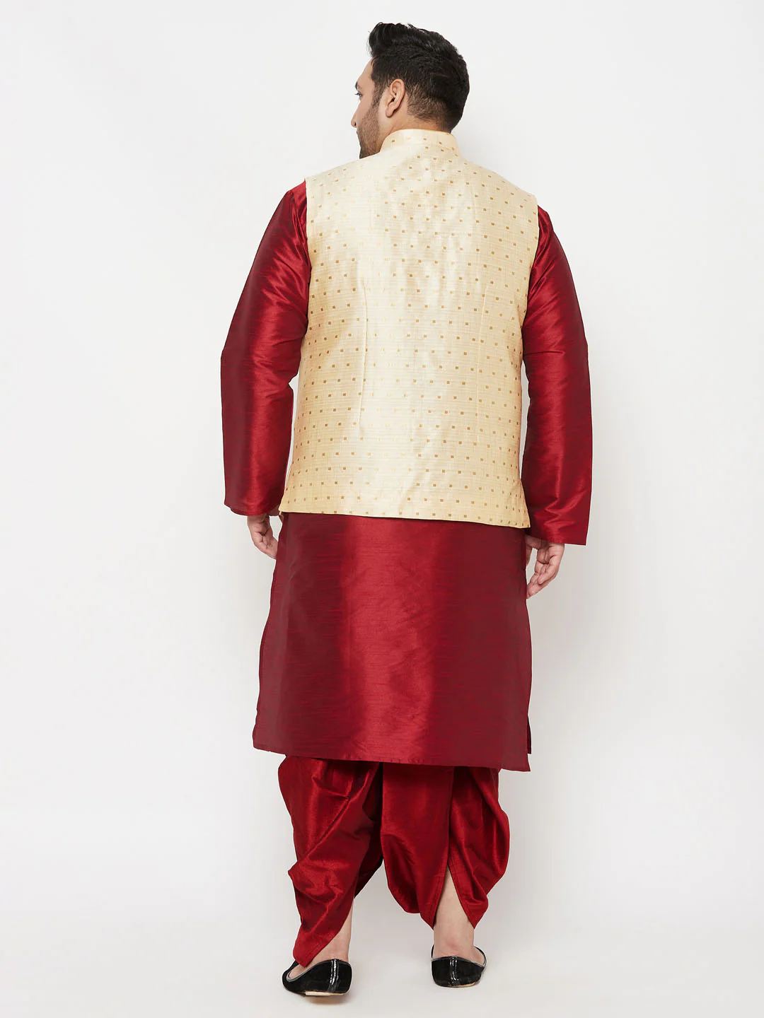 Plus Men's Gold Zari Weaved Nehru Jacket With Kurta Dhoti Set - Image 3