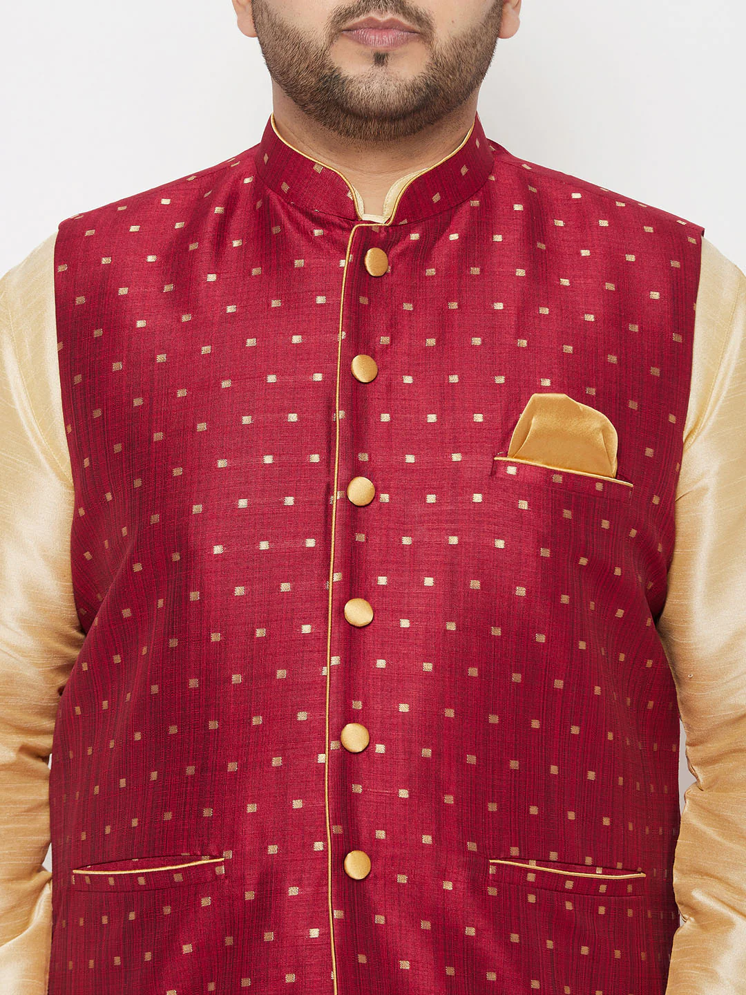 Plus Men's Maroon Zari Weaved Nehru Jacket With Kurta Dhoti Set - Image 4