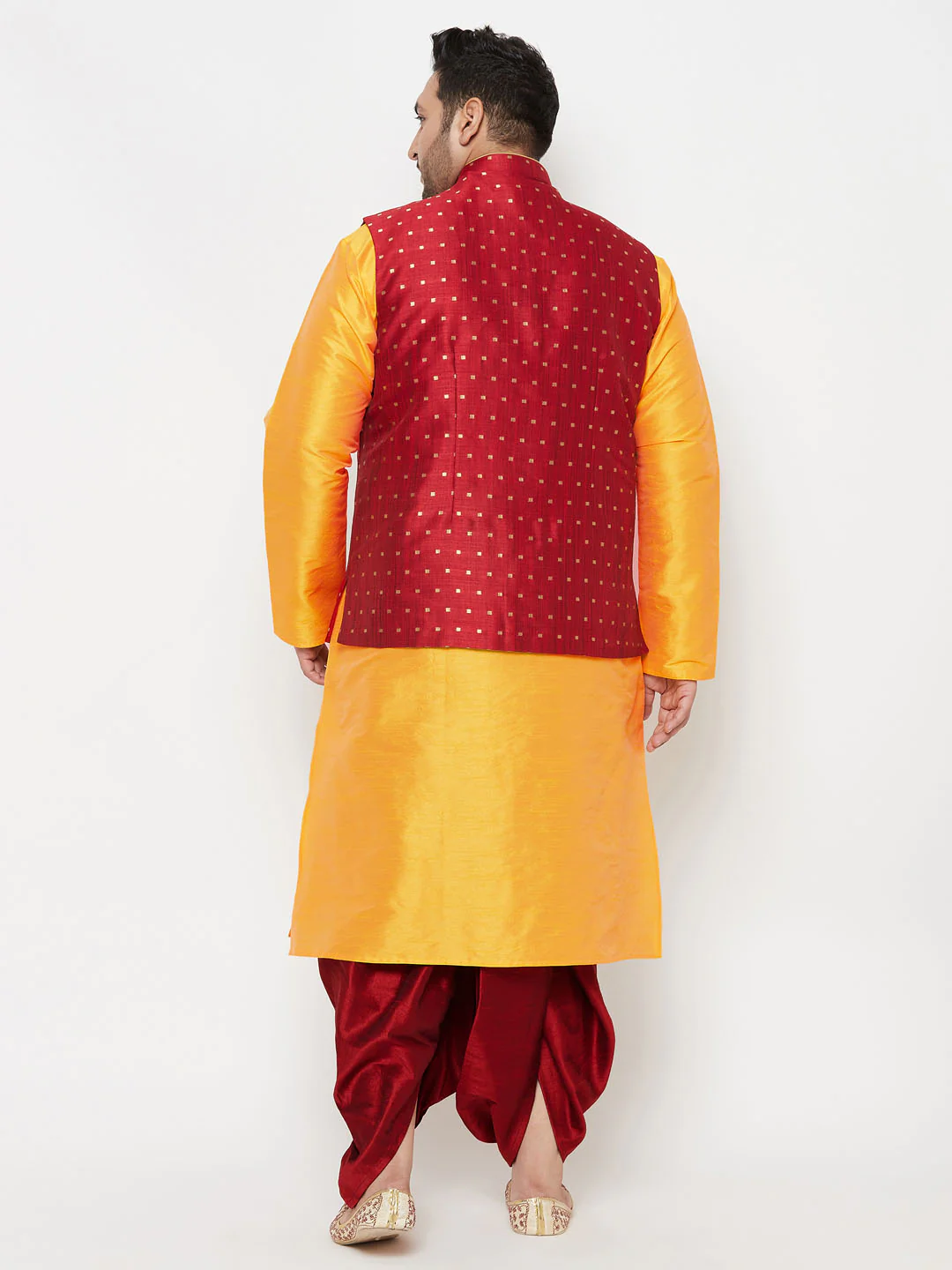 Plus Men's Maroon Zari Weaved Nehru Jacket With Kurta Dhoti Set - Image 3