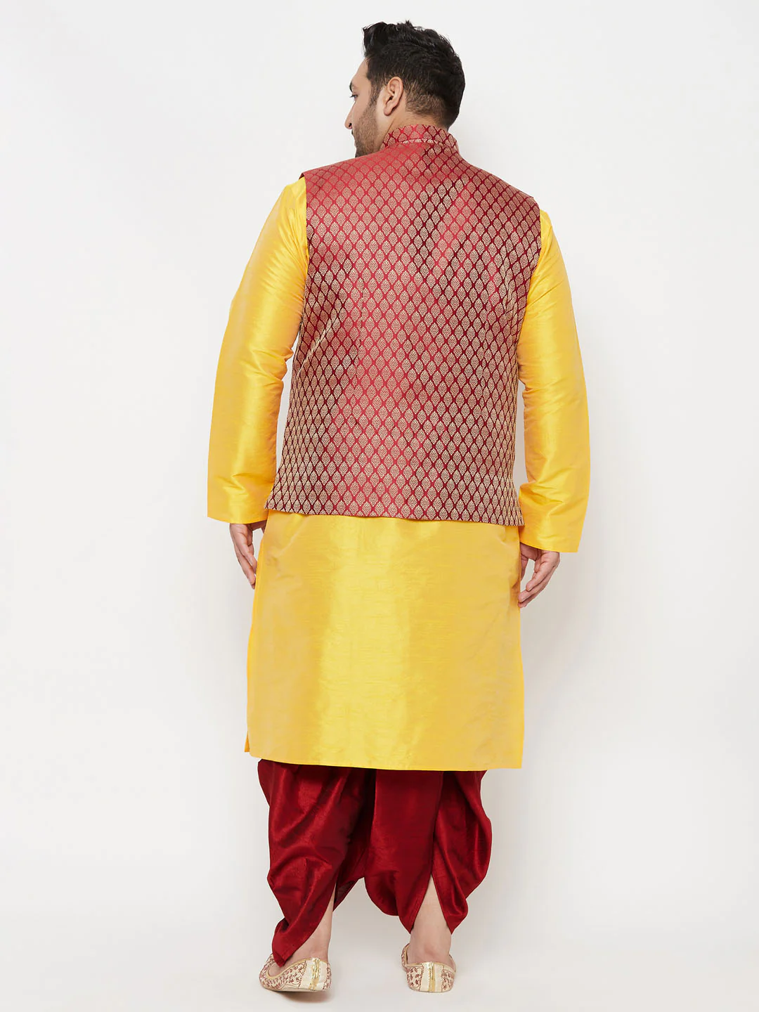 Plus Men's Maroon Nehru Jacket With Yellow Kurta And Maroon Dhoti Set - Image 3
