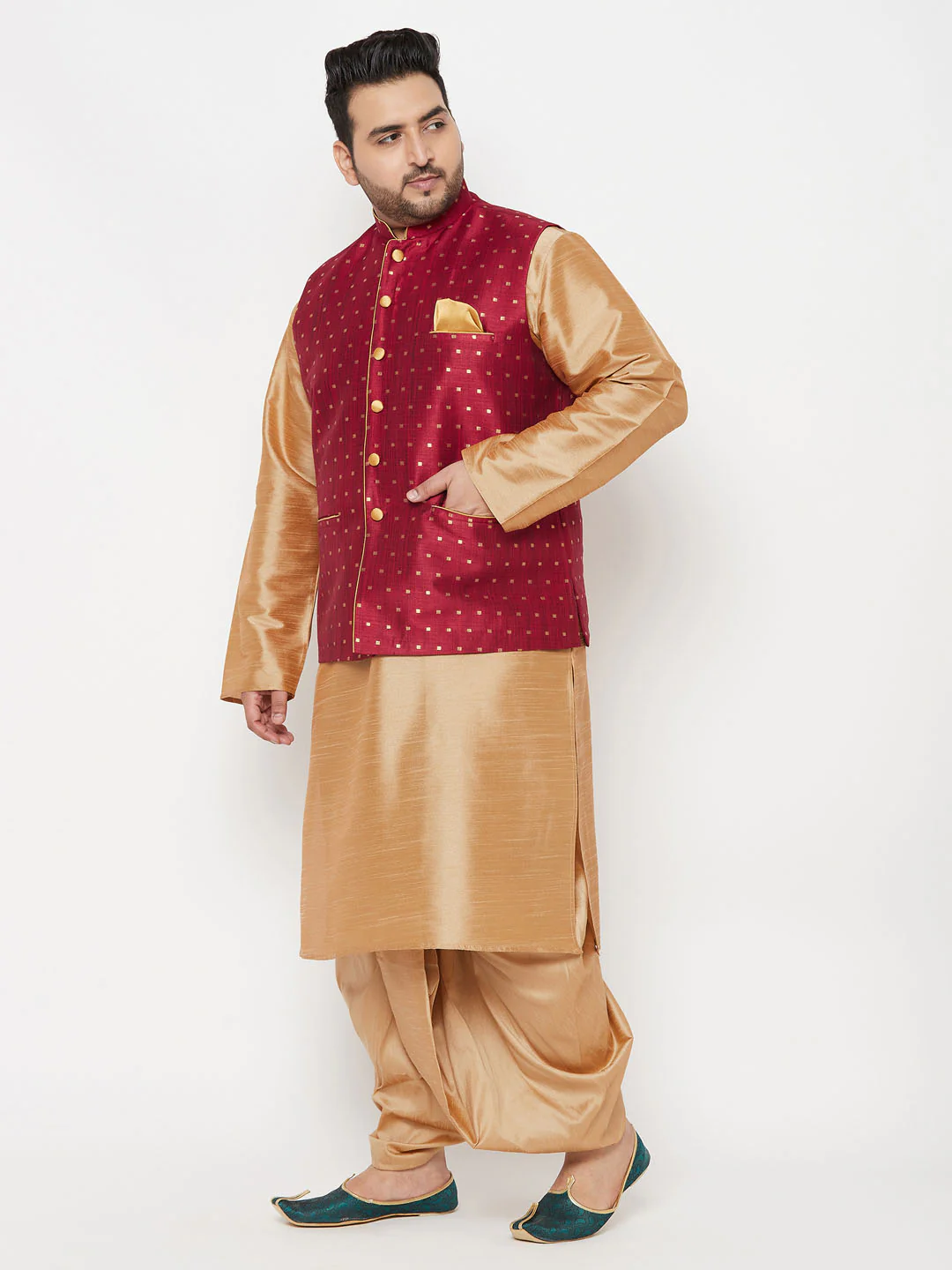 Plus Men's Maroon Zari Weaved Nehru Jacket With Kurta Dhoti Set - Image 2