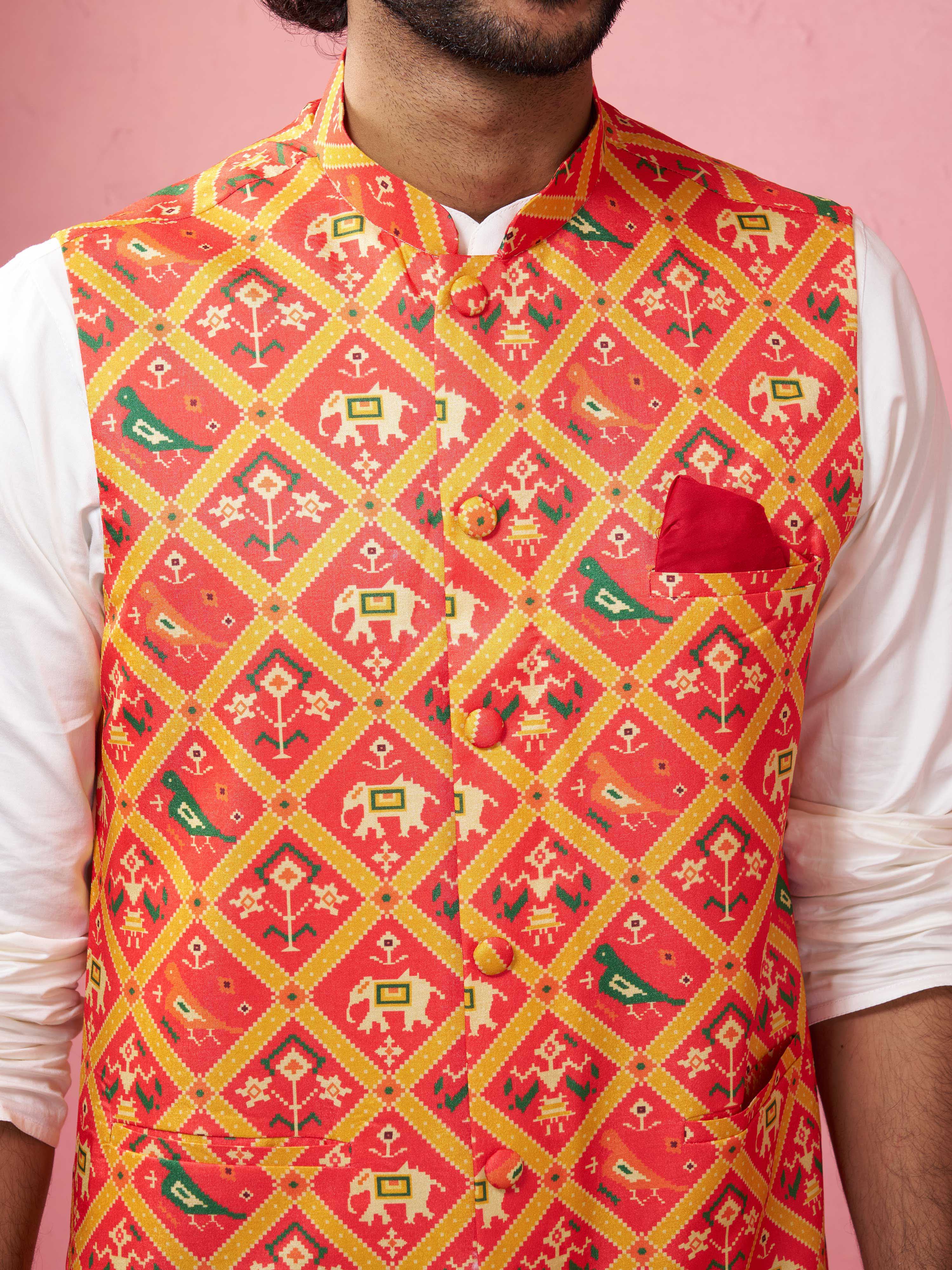 Men's Red Patola Print Nehru Jacket - Image 3