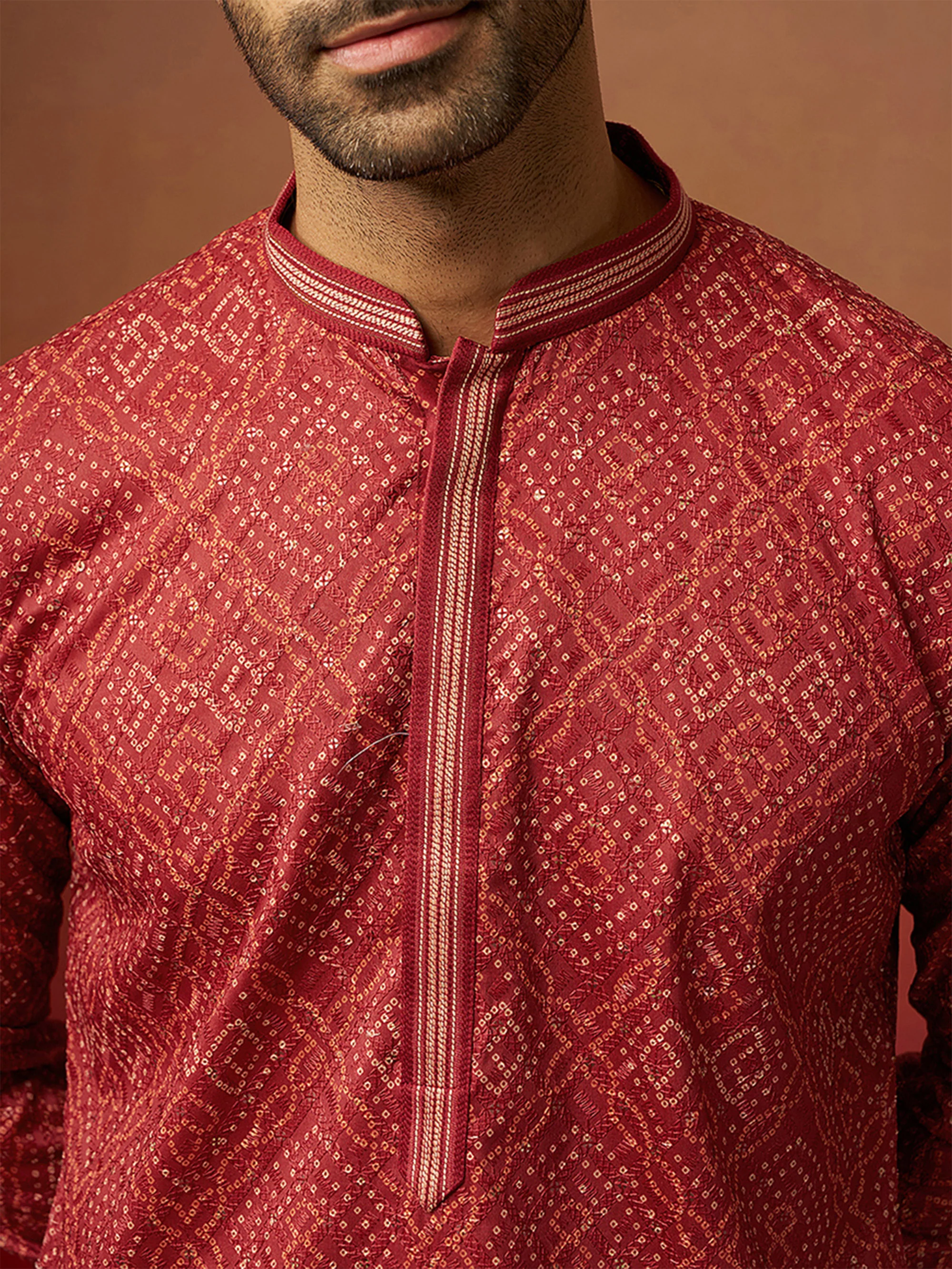 Men Rust Cotton Bandhani Embroidered Kurta - Image 2
